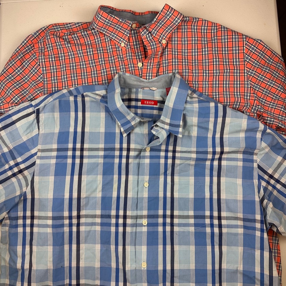 Lot of 2 IZOD Shirt Mens XXL Multicolor Plaid Button Down Saltwater Short Sleeve